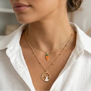 Bunny & Carrot Layered Pendant Necklace Easter Spring NWOT